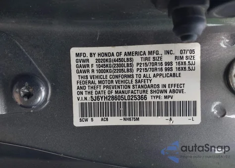 2005 Honda Element Ex from USA, damaged, VIN 5J6YH28605L025366